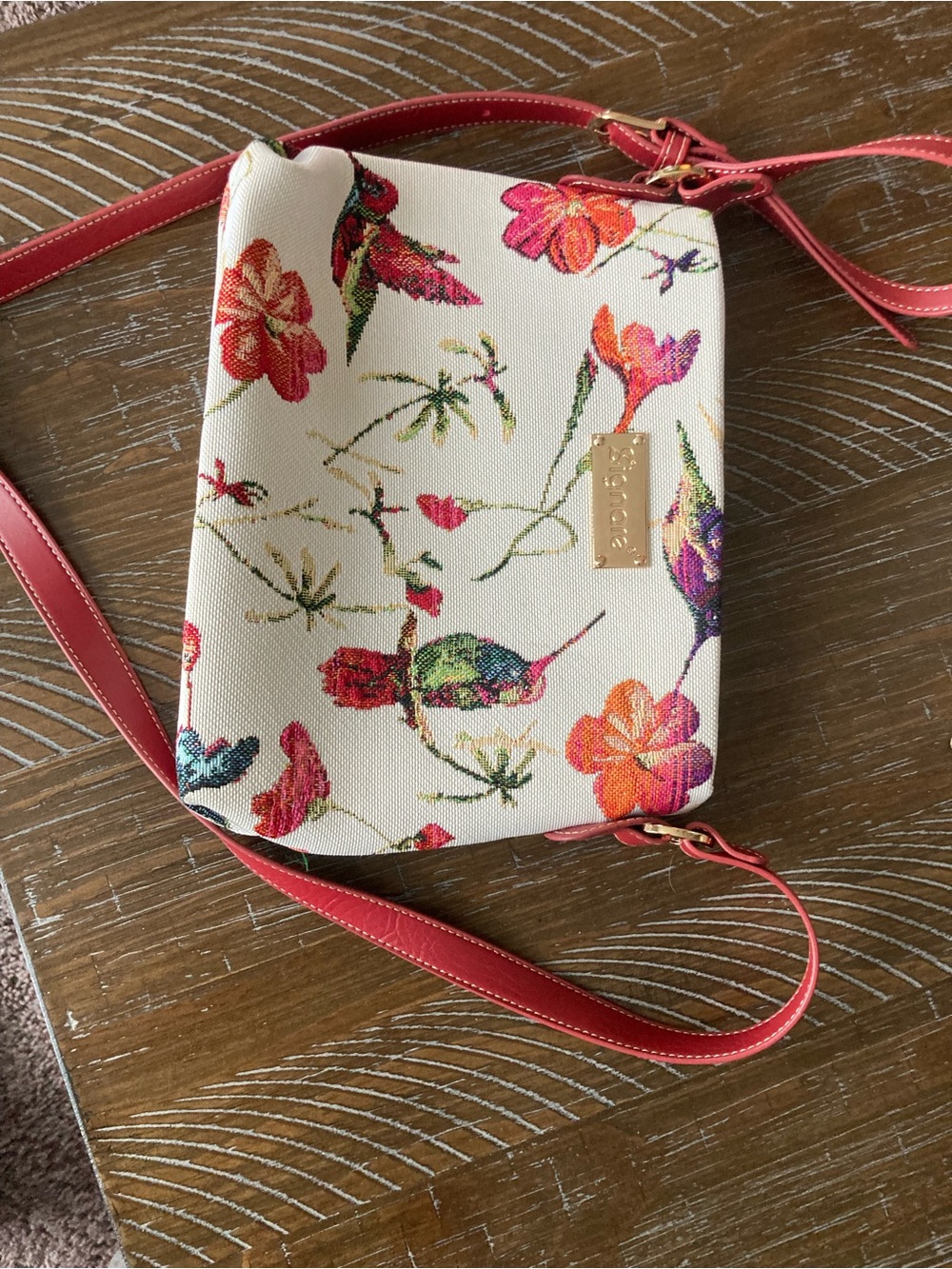 Floral Canvas Crossbody with Coral Trim and Gold Plaque
